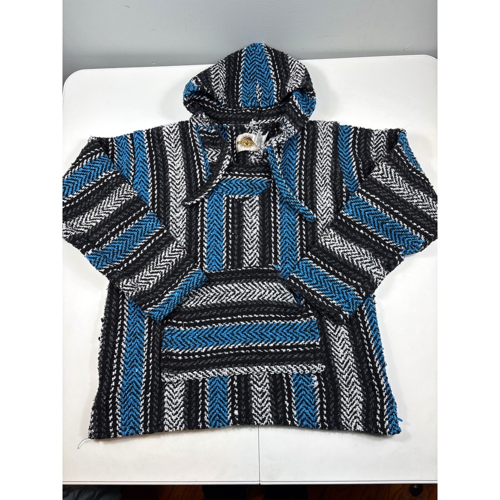 Earth‎ Ragz Women Blue Black White Woven Baja Hoodie Drug Rug Pullover Large